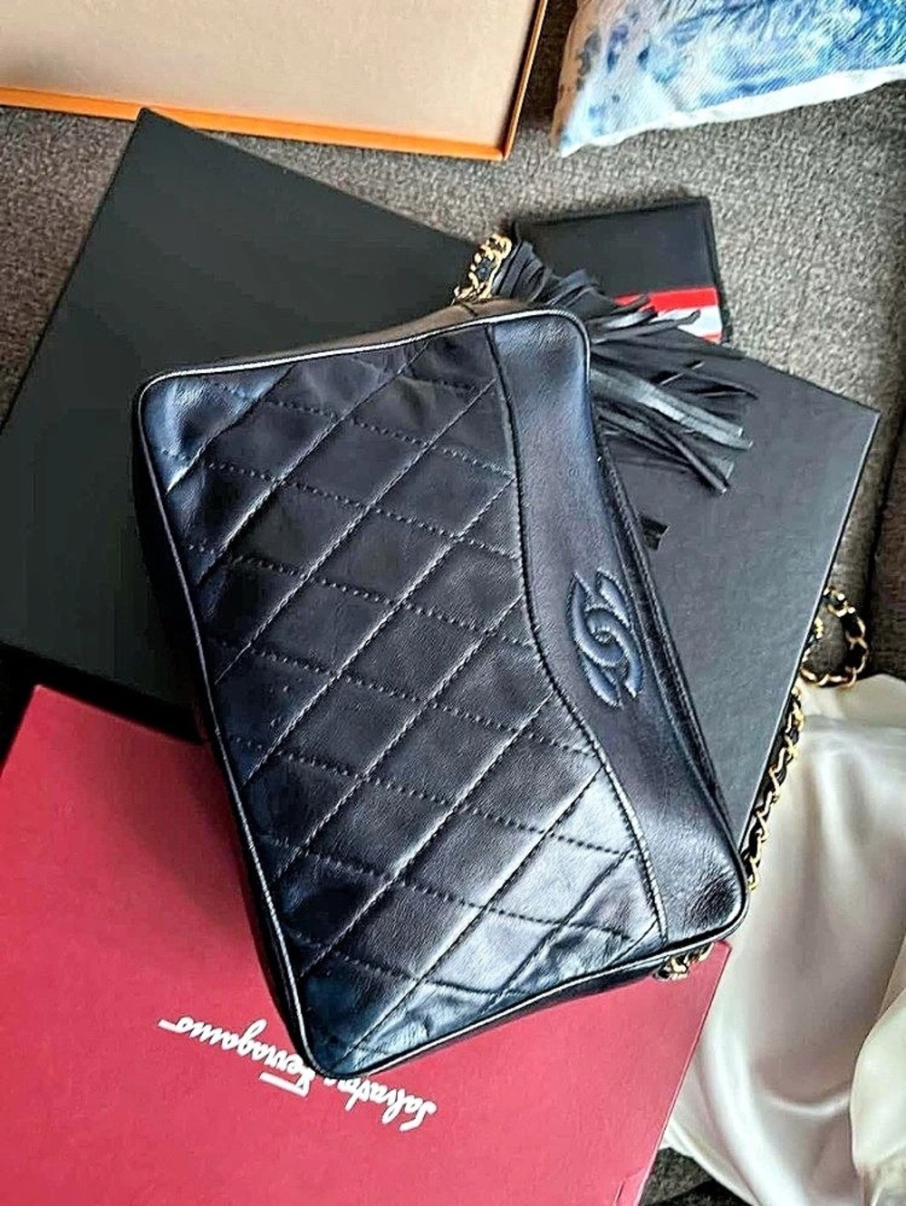 Chanel Vintage Quilted Leather Camera Bag with Tassel in Black